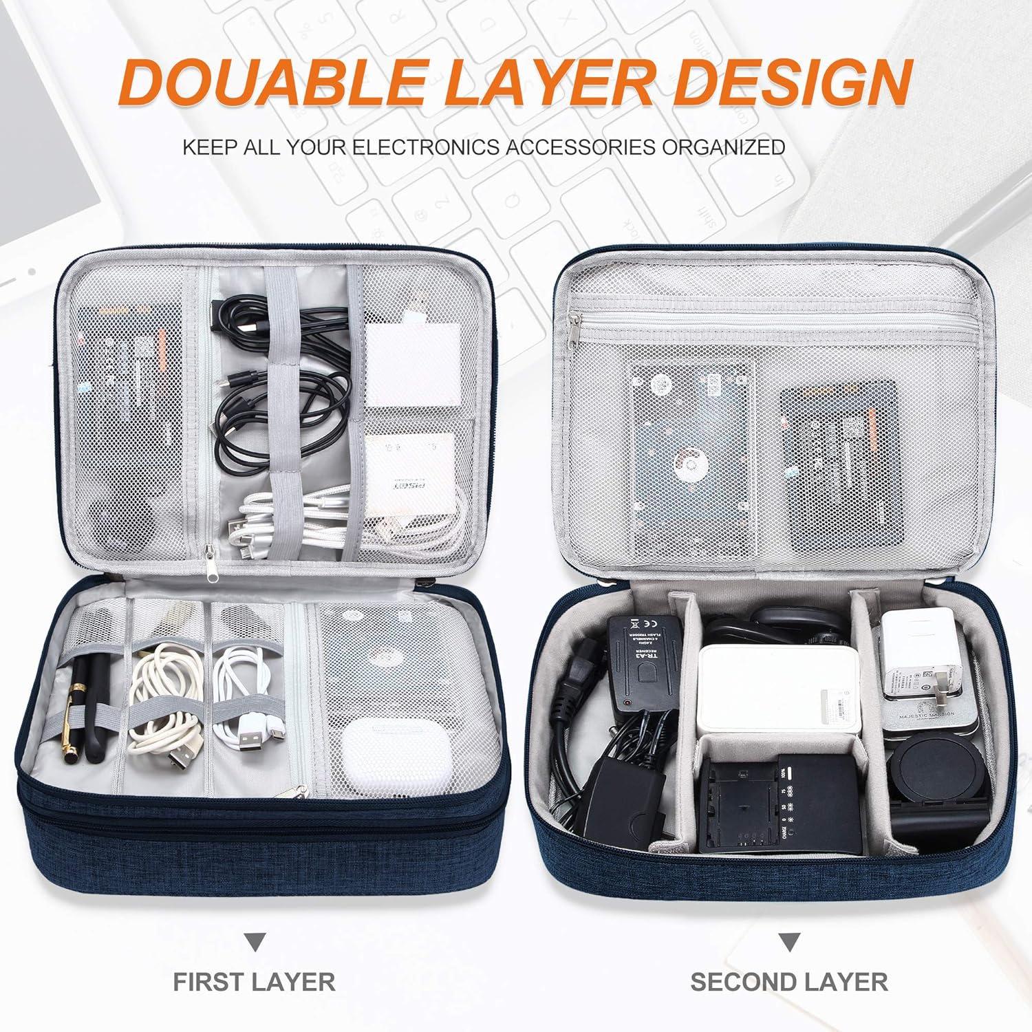 Electronic Bag Travel Cable Accessories Waterproof Double Layer, Navy Blue