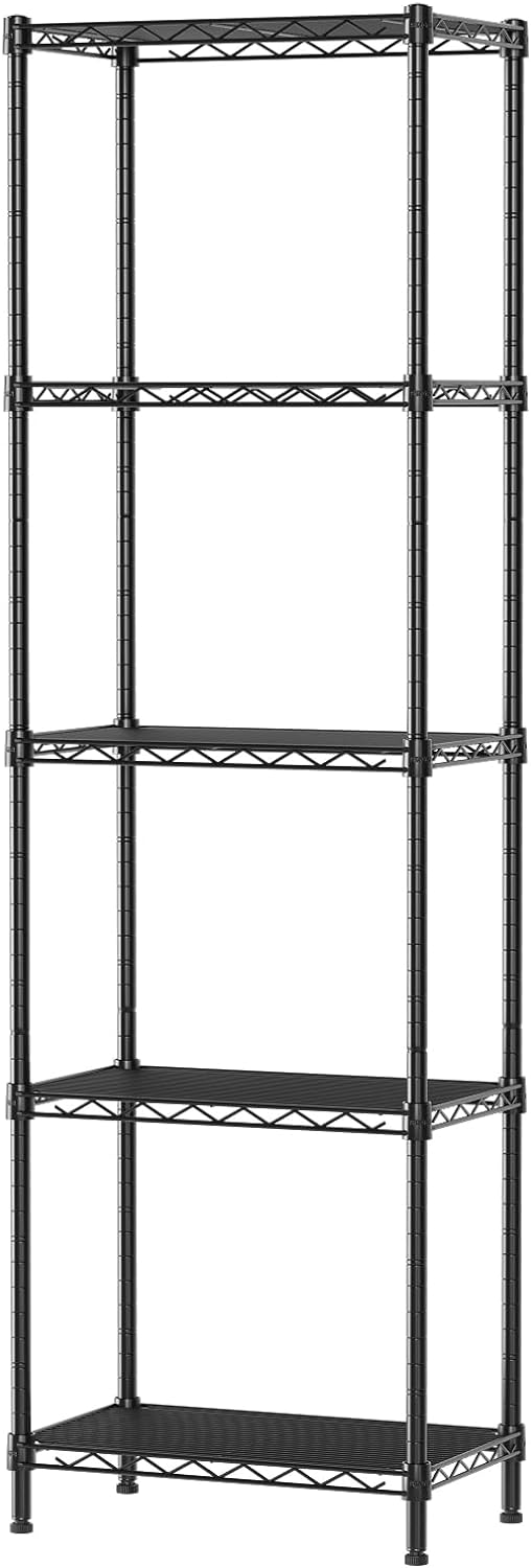 5 Tier Shelf Wire Shelving Adjustable Storage Shelves Storage Rack, Narrow Mesh Gaps,16”W x 10”D x 55”H, Black