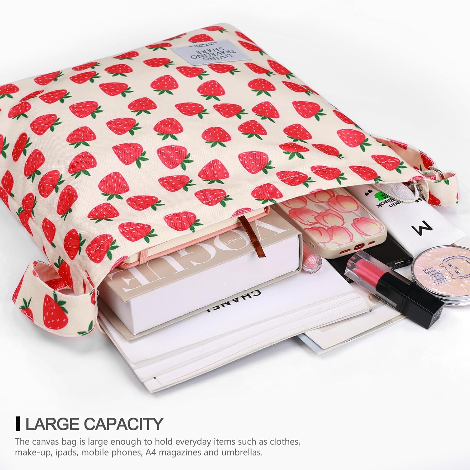 Canvas Tote Bag with External Pocket Design, Stylish Appearance, Adjustable Shoulder Strap, Strawberry Beige