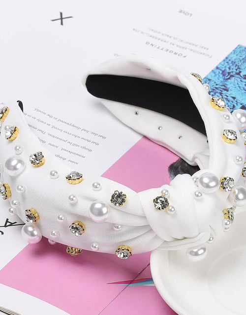 Load image into Gallery viewer, Pearl Knotted Headband, Women Rhinestone Embellished Hairband Elegant Wide Top Knot Bride Headbands
