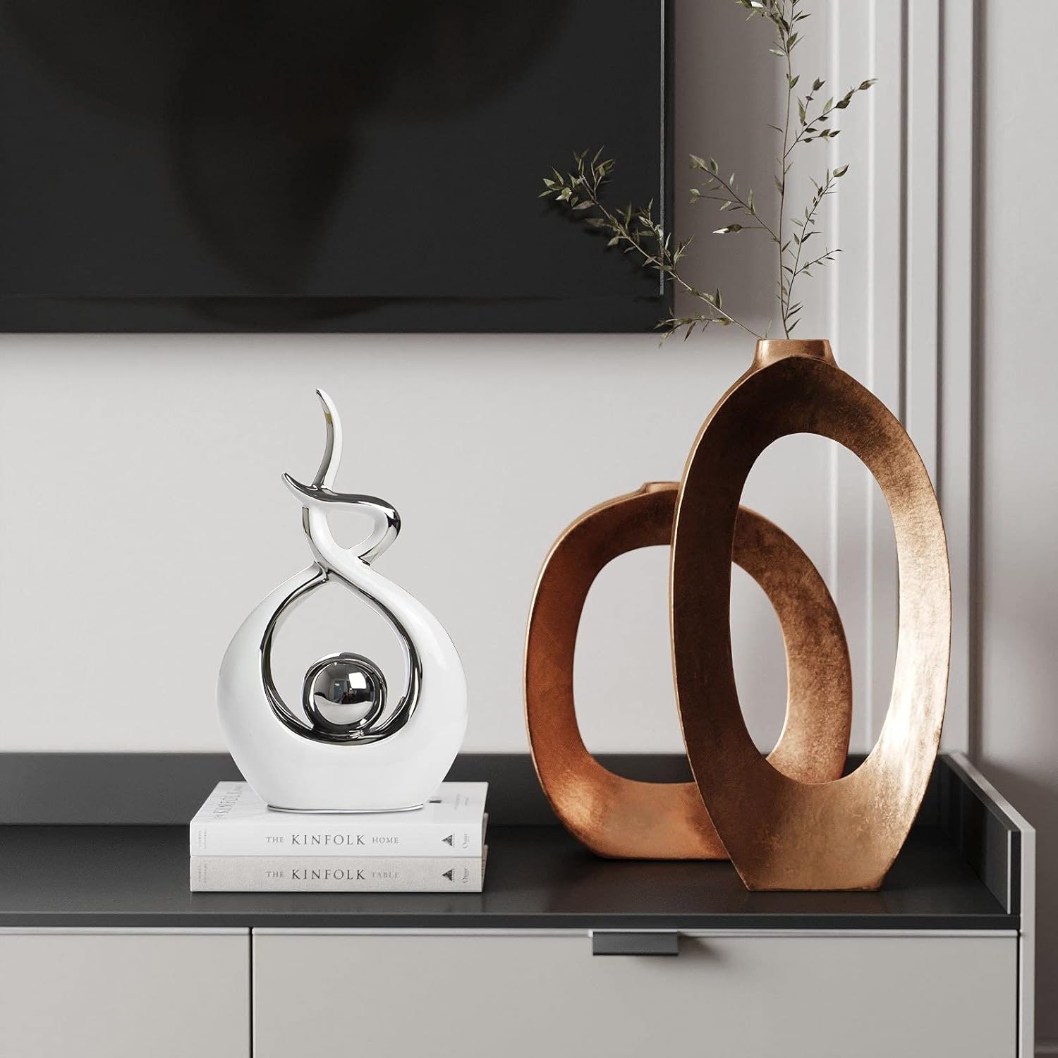 Modern Abstract Art Ceramic Statue Table Decorations for Dining Room Living Room Office Centerpiece, White and Silver