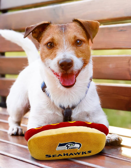 Load image into Gallery viewer, NFL Seattle Seahawks HOT Dog Plush Dog &amp; CAT Squeak Toy with Inner Squeaker &amp; Beautiful Football Team Name/Logo 8 x 5 x 3 Inches

