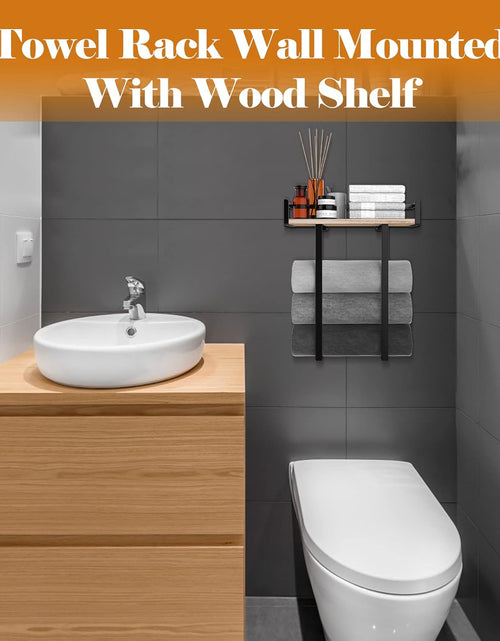 Load image into Gallery viewer, Metal Towel Holder with Wooden Shelf for Folding Large Towels, Towel Storage for Small Bathroom Organizer Decor, Small
