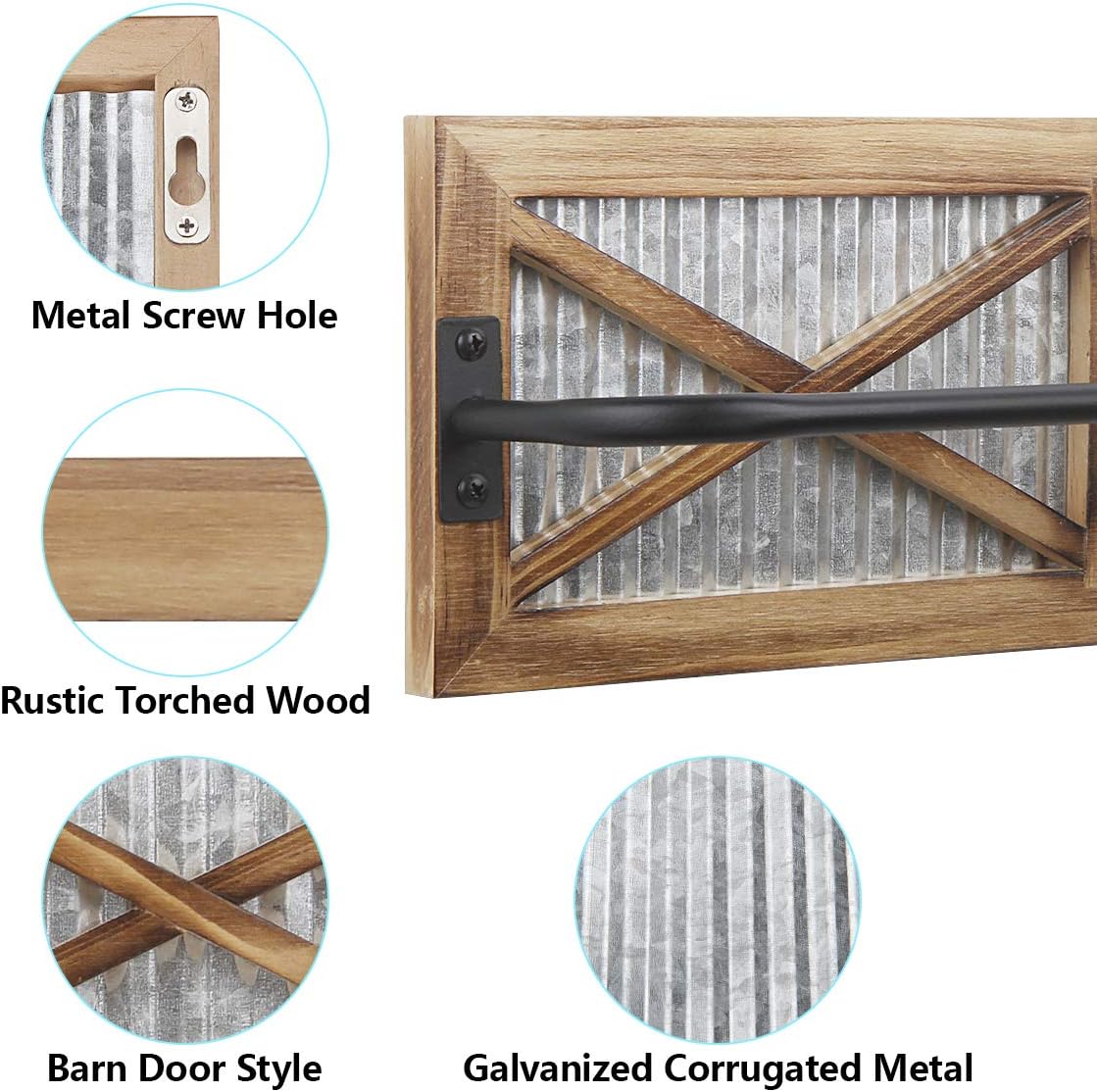 Wall Mounted Towel Bar Holder with Weathered Wood and Corrugated Galvanized Metal, Farmhouse Rack (Towels are not Included)