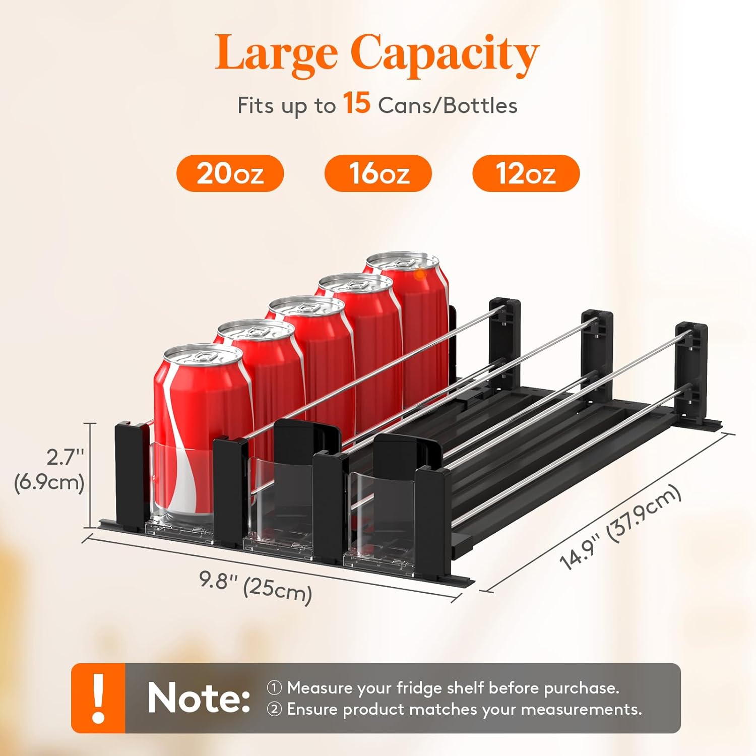 Drink Organizer for Fridge, Soda Can Dispenser for Refrigerator with Self-Pushing Width Adjustable Glide, Holds up to 15 Cans