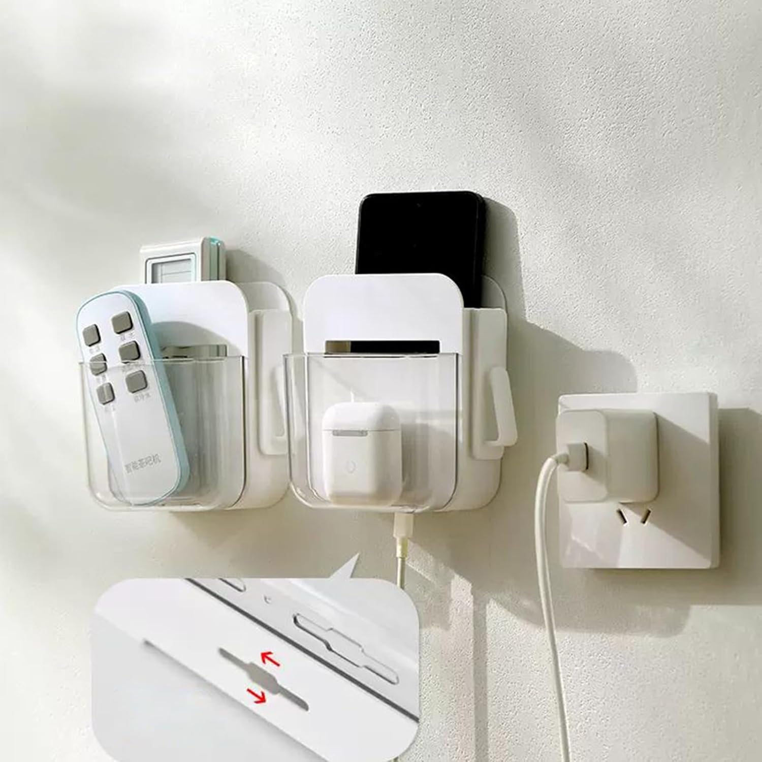 2 Pack Wall Mount Storage Organizer Box Adhesive Remote Control Holder 2 Tier Compartments and Hook