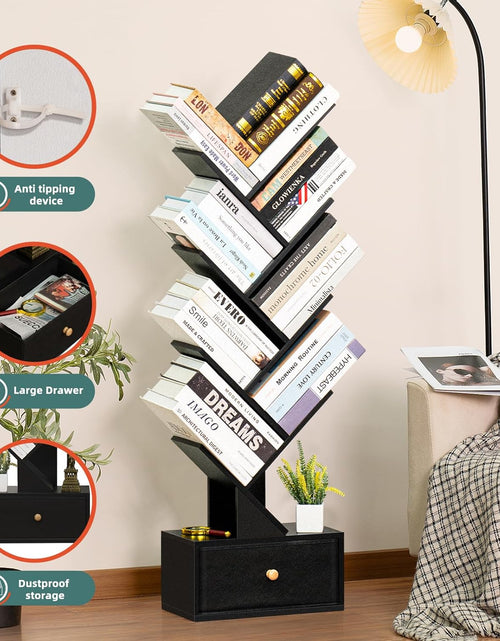 Load image into Gallery viewer, 8 Tier Tree Bookshelf with Drawer, Free Standing Wood Bookcase, Black
