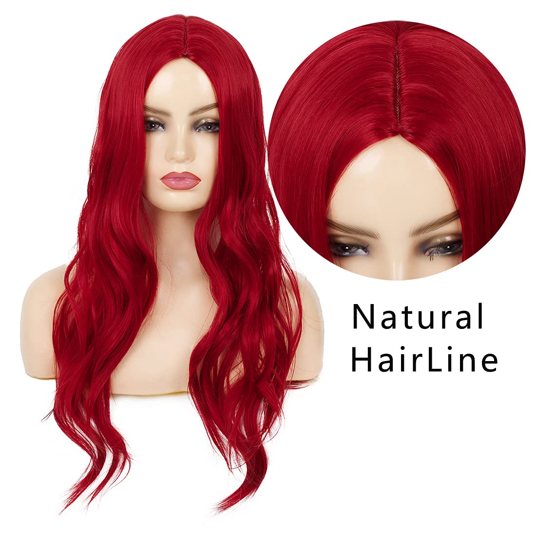 Red Wigs for Women Long Wavy Synthetic Hair Wig Natural Middle Parting Heat Resistant, Red