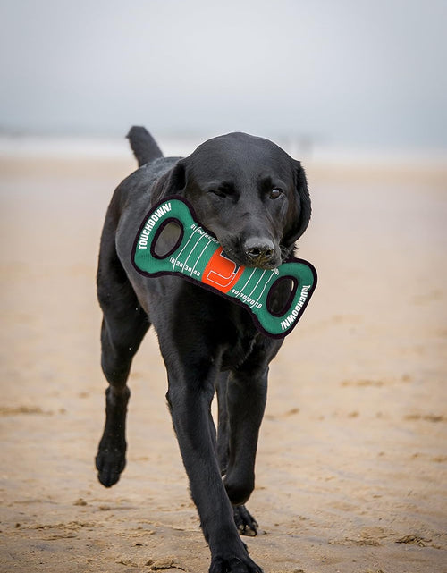 Load image into Gallery viewer, NCAA Football Field Dog Toy with Squeaker. - Miami Hurricanes - for Tug, Toss, and Fetch. - Tough&amp; Durable PET Toy
