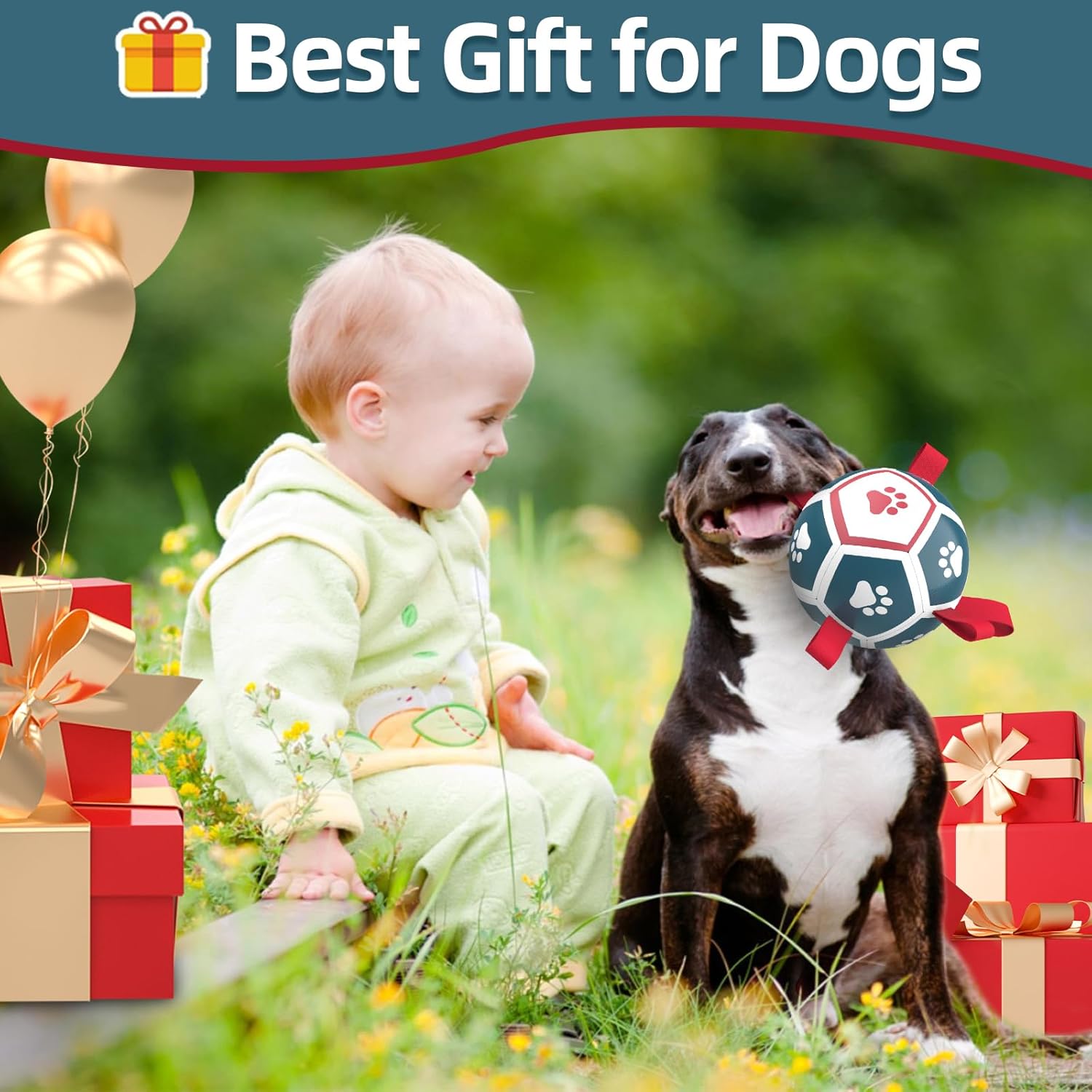 Dog Toys Soccer Ball with Straps, Outdoor Interactive Dog Toys for Tug of War, Puppy Birthday Gifts