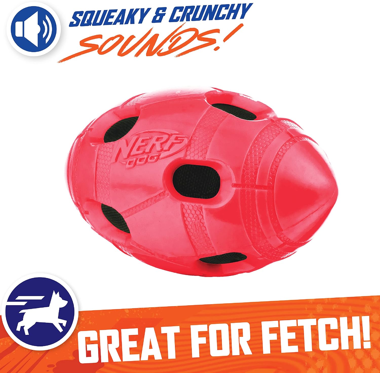 Rubber Football Dog Toy with Interactive Squeaker and Crunch, Lightweight, 6 Inch Diameter for Medium/Large Breeds, Single Unit, Red