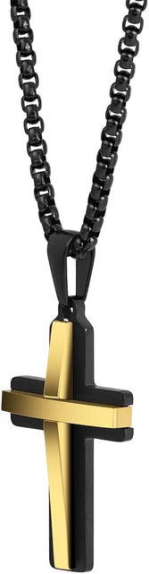 Load image into Gallery viewer, Stainless Steel Double Layer Cross Pendant Necklace for Men, 24&quot; Box Chain, Black and Gold

