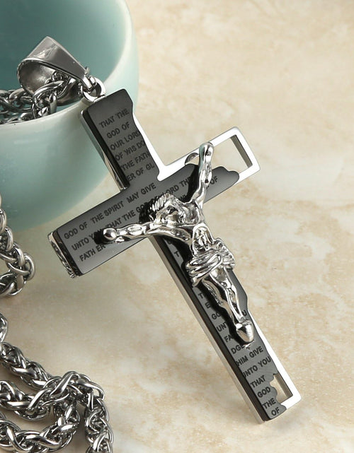 Load image into Gallery viewer, Men&#39;s Stainless Steel Cross Crucifix Bible Prayer Pendant Necklace 22+2&quot; Chain, Black
