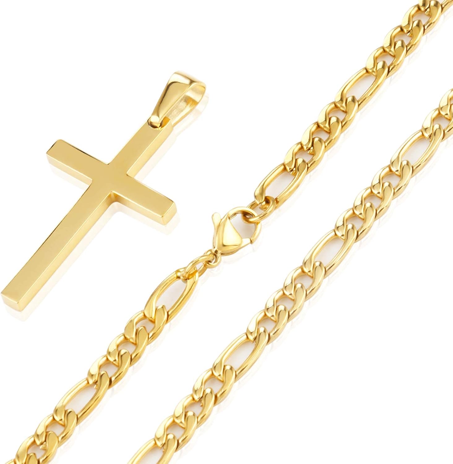 Cross Pendant Necklace Simple Jewelry Gifts, 24 Inches 3:1 Figaro Link Chain 4/5/6mm Width, Gold 5mm