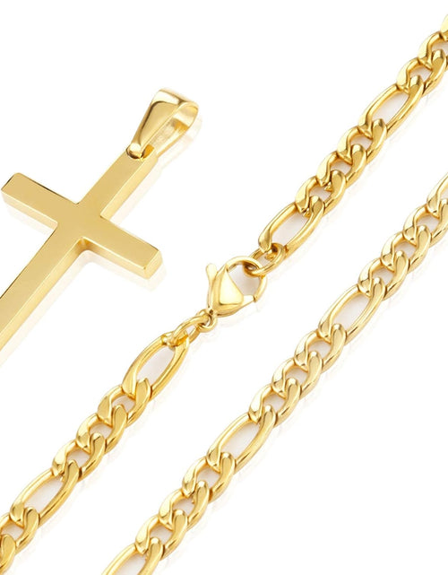 Load image into Gallery viewer, Cross Pendant Necklace Simple Jewelry Gifts, 24 Inches 3:1 Figaro Link Chain 4/5/6mm Width, Gold 5mm
