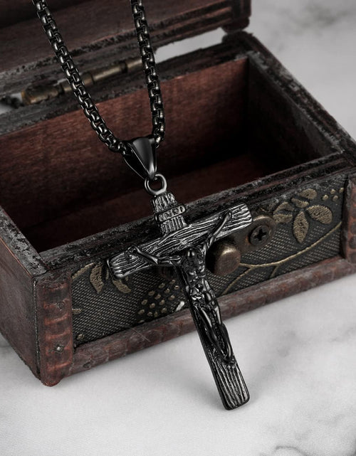 Load image into Gallery viewer, Jesus Christ on INRI Crucifix Cross Pendant Necklace for Teens Womens Mens with 24 Inch Stainless Steel Chain, Black
