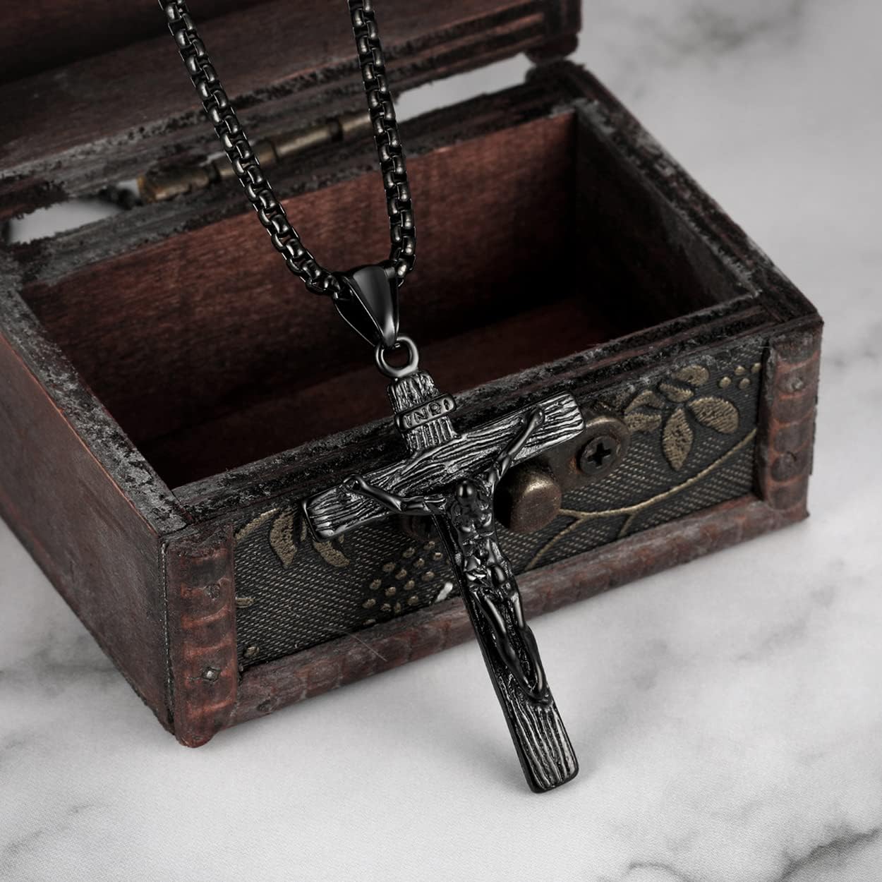 Jesus Christ on INRI Crucifix Cross Pendant Necklace for Teens Womens Mens with 24 Inch Stainless Steel Chain, Black