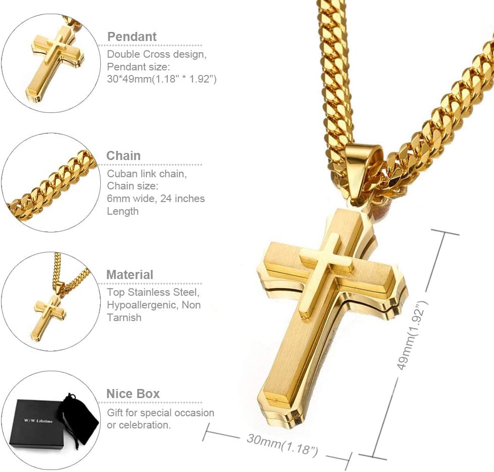 Cross Necklace for Men Boys Pendant Necklace Stainless Steel Double Cross Necklace with 24 inches Cuban Link Chain, Gold