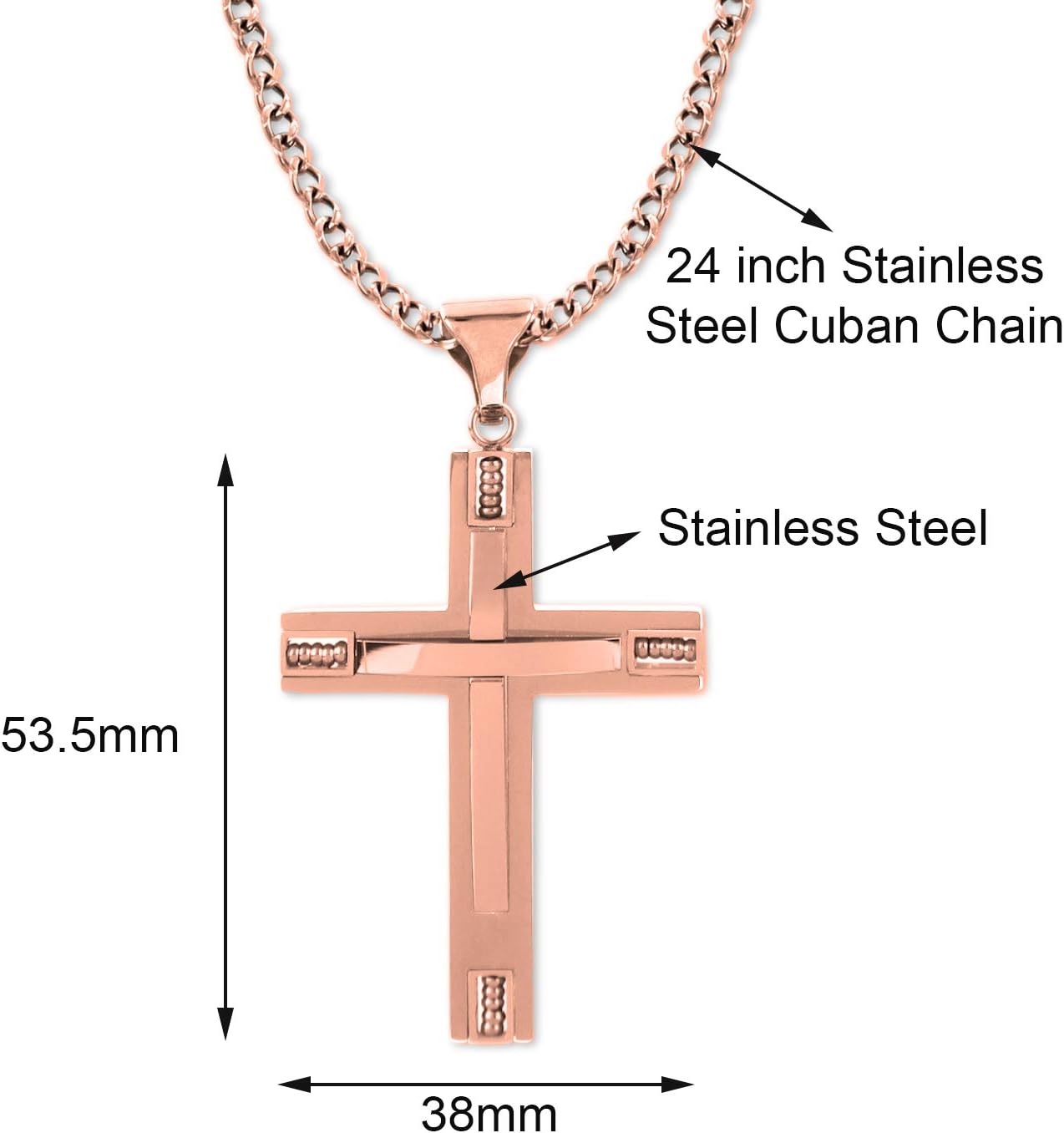 Stainless Steel Cross Pendant 24 inch Cuban Chain Necklace for Men, Rose Gold