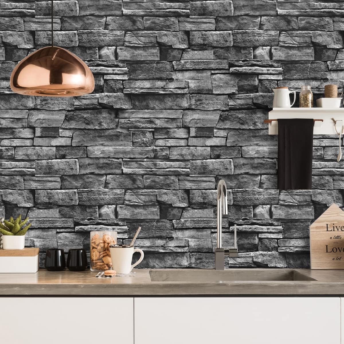 Grey Brick Peel and Stick Wallpaper 17.7inch×118.1inch Faux Stone Self Adhesive Removable Wall Paper Decor Vinyl