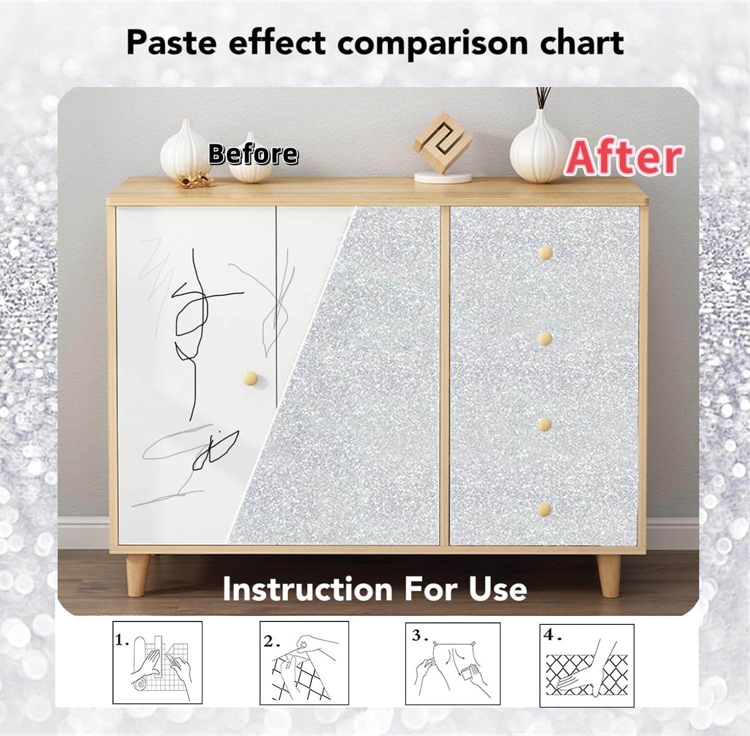 Glitter Silver Wallpaper Contact Paper Creative Covering Peel and Stick Wallpaper Removable Self Adhesive Paper DIY, 17.7"x78.7"