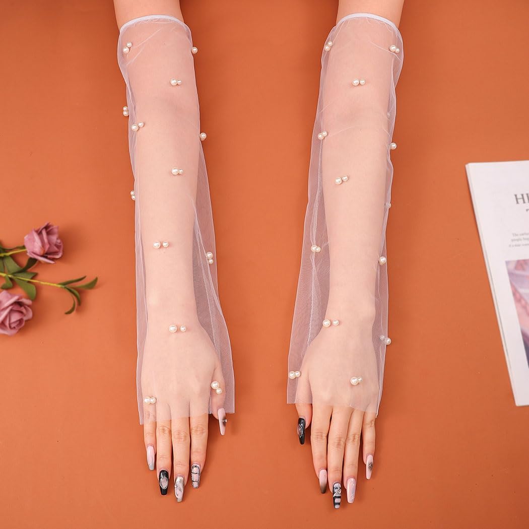 Long Wedding Tulle Gloves White Pearl Bridal Gloves Elbow Length Summer Fingerless Gloves for Women and Girls, White