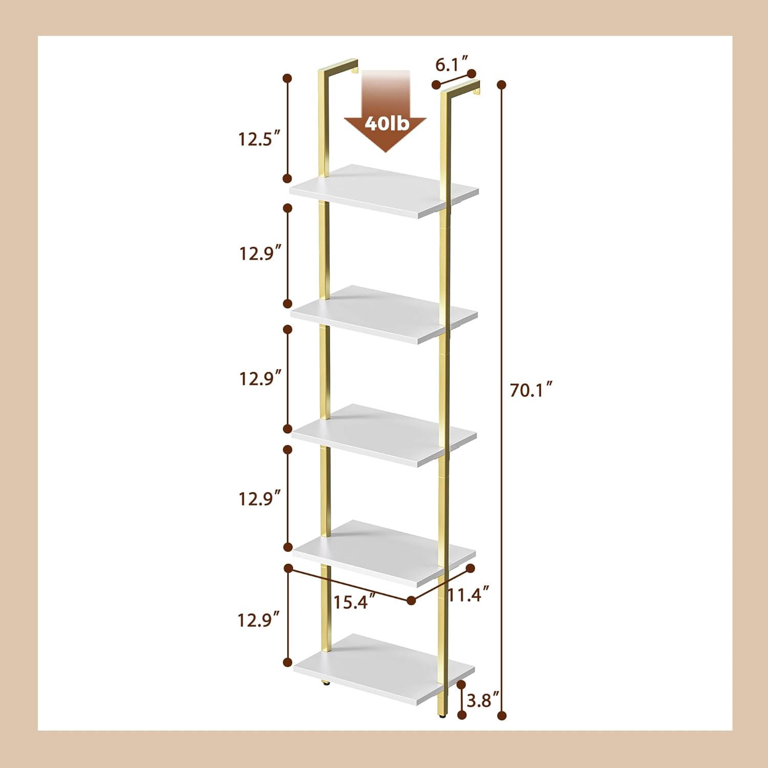 5-Tier Bookshelf, Narrow Book Shelf, Open Wall-Mounted Ladder Shelf with Metal Frame