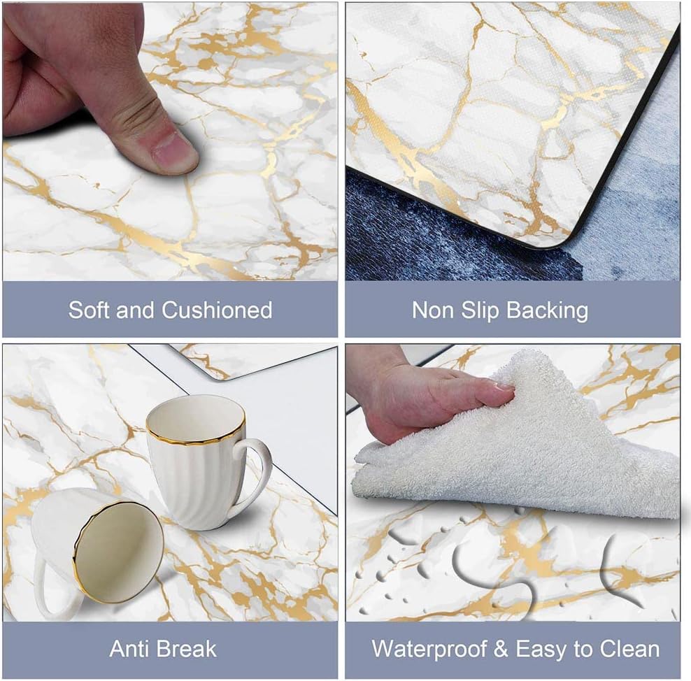 2 Piece Set Marble Kitchen Mats, Gold White Kitchen Rugs Cushioned Anti Fatigue, 17"x29"+17"x47"