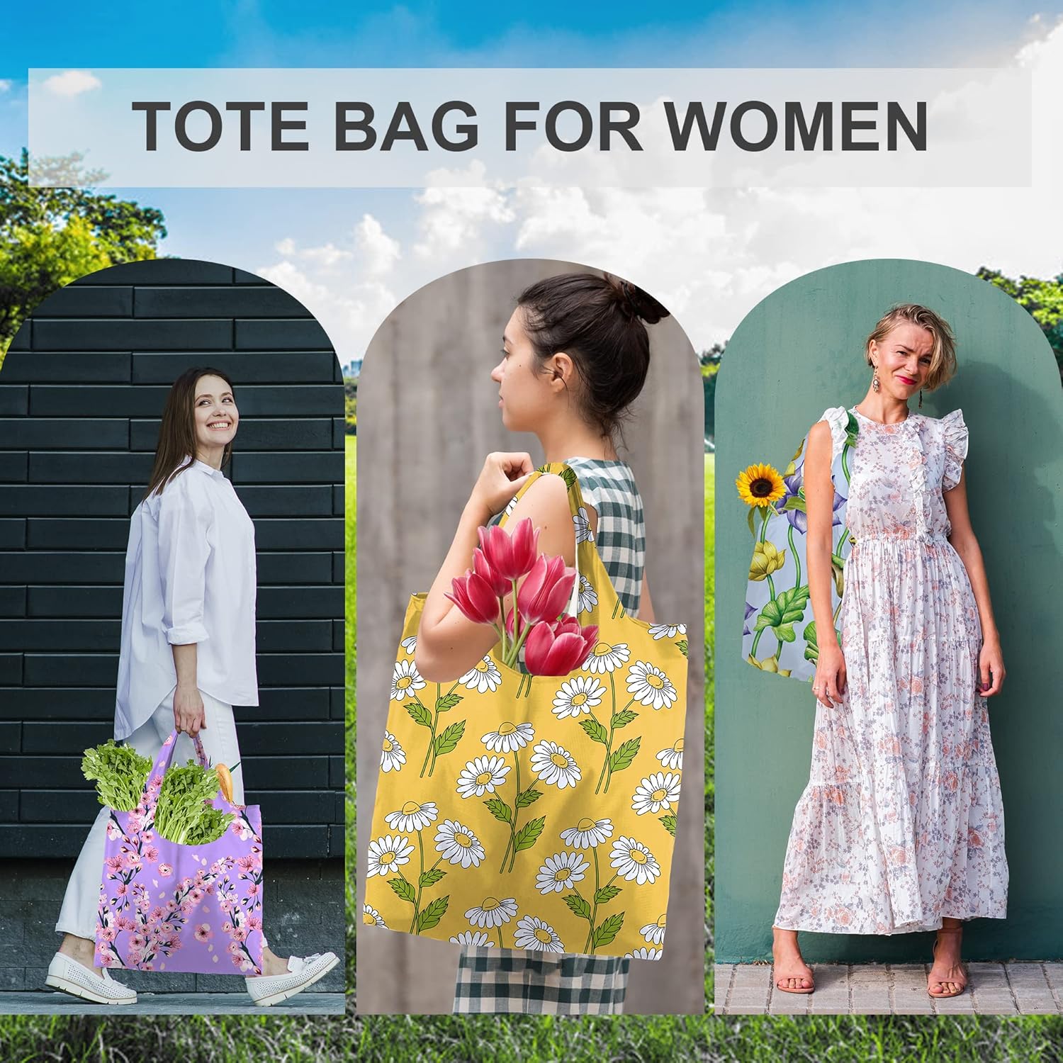Floral Tote Bags Foldable Flower Grocery Reusable Bags Large Shopping Tote for Groceries, 6 PIeces