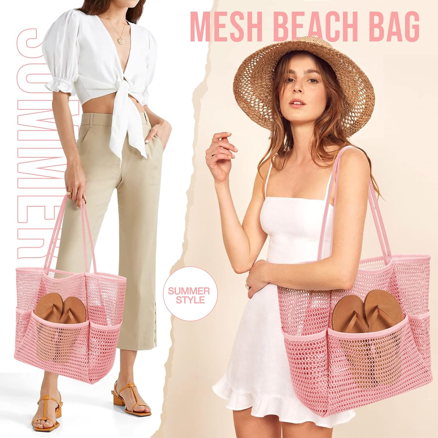 Beach Bag with Mini Pocket, Beach Tote Bags for Women Large Foldable Mesh Swimming Pool Travel Bags - Sandproof, Pink
