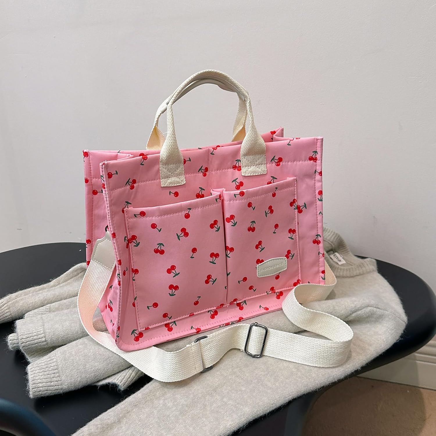 Cherry Tote Bag for Women Canvas Patched Purse Cute Shoulder Bag Multi-Pocket Satchel Handbag
