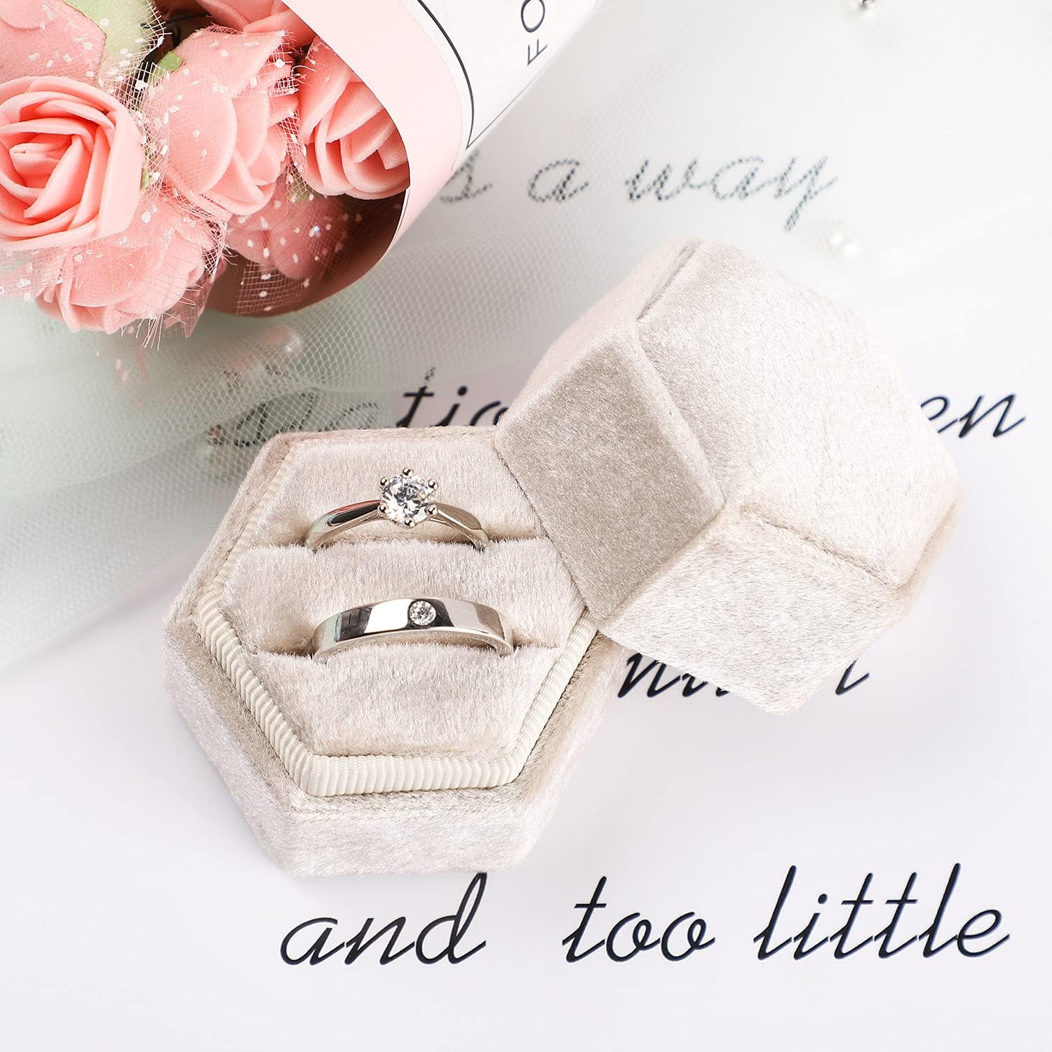 Hexagon Premium Gorgeous Vintage Double Ring Gift Box with Detachable Lid, Beige