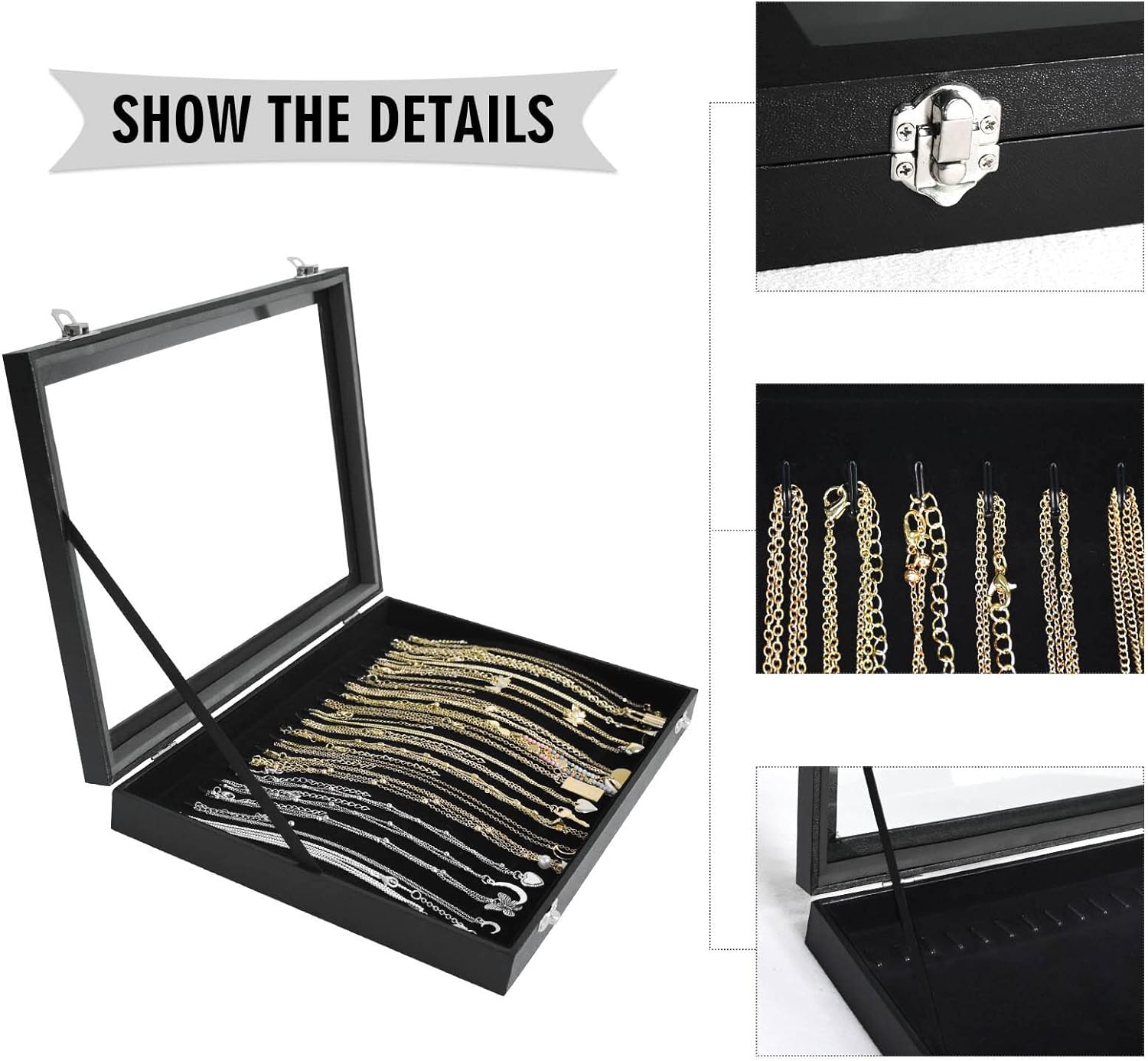 Premium 20 Hooks Necklace Display Jewelry Tray with Transparent Lid, Black