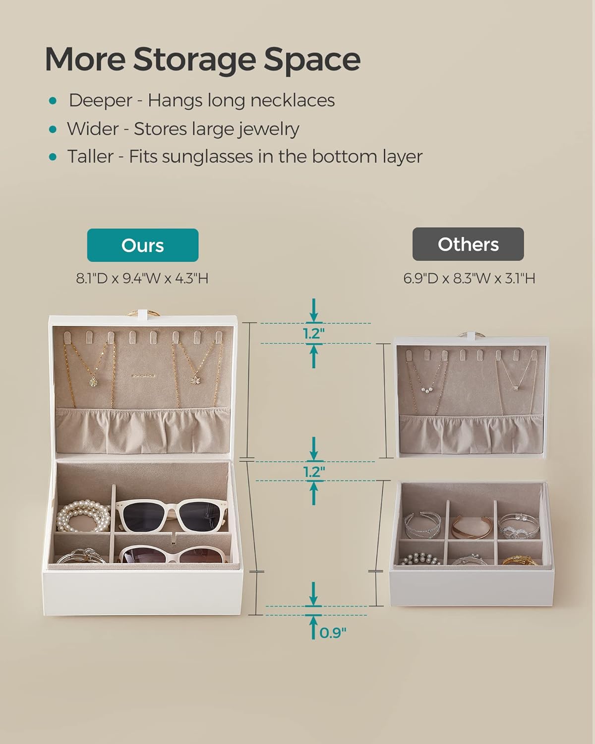 2-Layer Jewelry Organizer with Handle Floating Effect, 8.1 x 9.4 x 4.3 Inches, Gift Idea, White