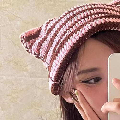 Load image into Gallery viewer, Crochet Hats for Women Cat Beanie Vintage, Fox Hat Grunge Accessories, Brown
