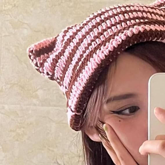 Crochet Hats for Women Cat Beanie Vintage, Fox Hat Grunge Accessories, Brown