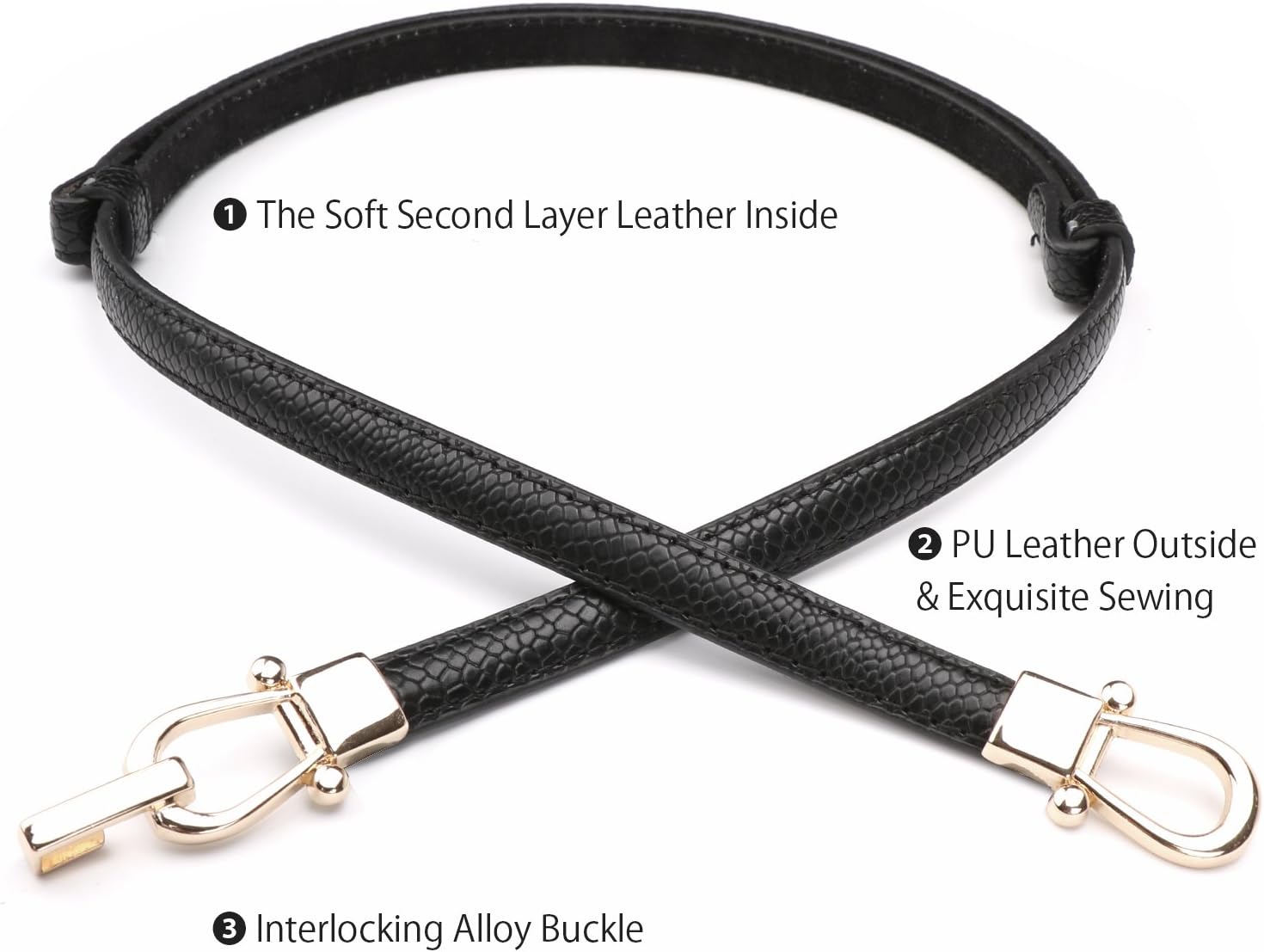 Leather Skinny Women Belt Thin Waist Belts for Dresses up to 37 Inches with Golden Buckle, 2 Pack