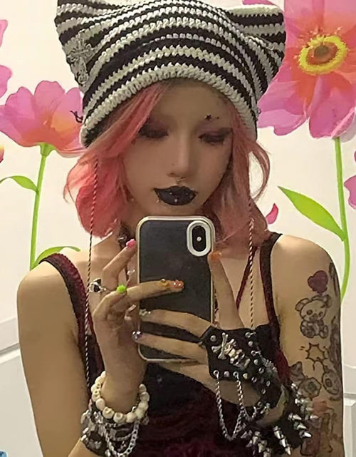 Load image into Gallery viewer, Grunge Beanies Crochet Knitted Hats for Women Girls Fox Cat Ear Goth, Onesize, Grey
