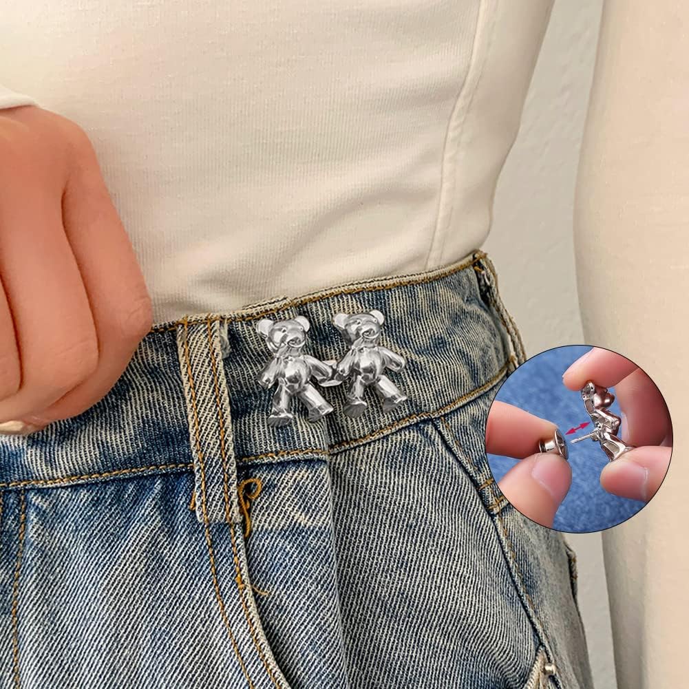 8 Pairs Cute Bear Jeans Button Pins for Clothing Pants No Sewing Detachable Waist Body Fit (Gold+Silver)