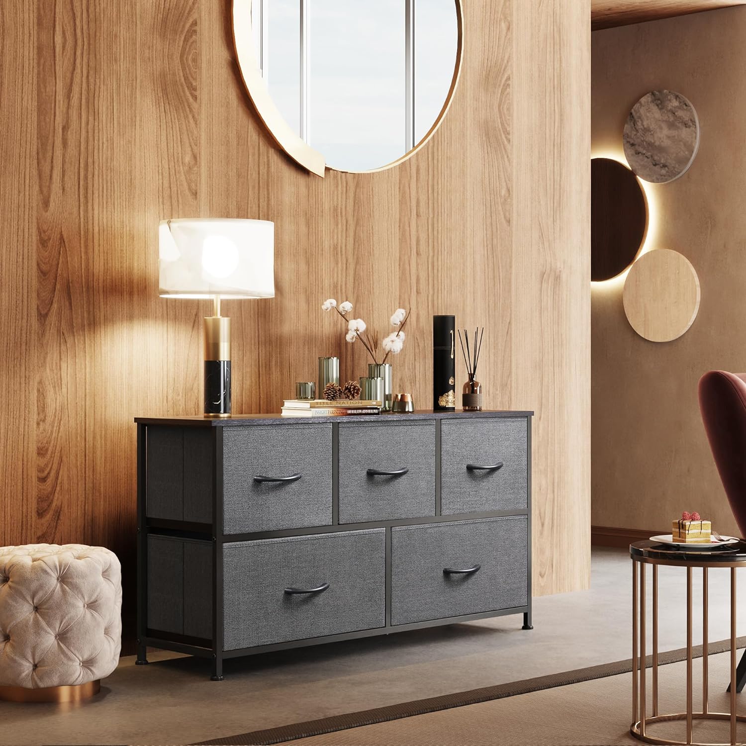 Dresser for Bedroom with 5 Drawers, Organizer Unit with Fabric Bins for Closet, Living Room, Hallway, Dark Grey