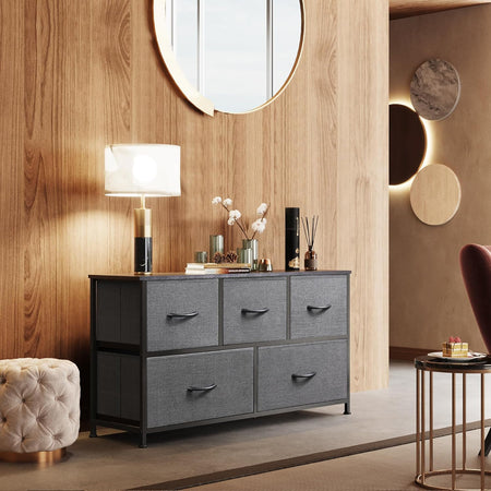 Dresser for Bedroom with 5 Drawers, Organizer Unit with Fabric Bins for Closet, Living Room, Hallway, Dark Grey