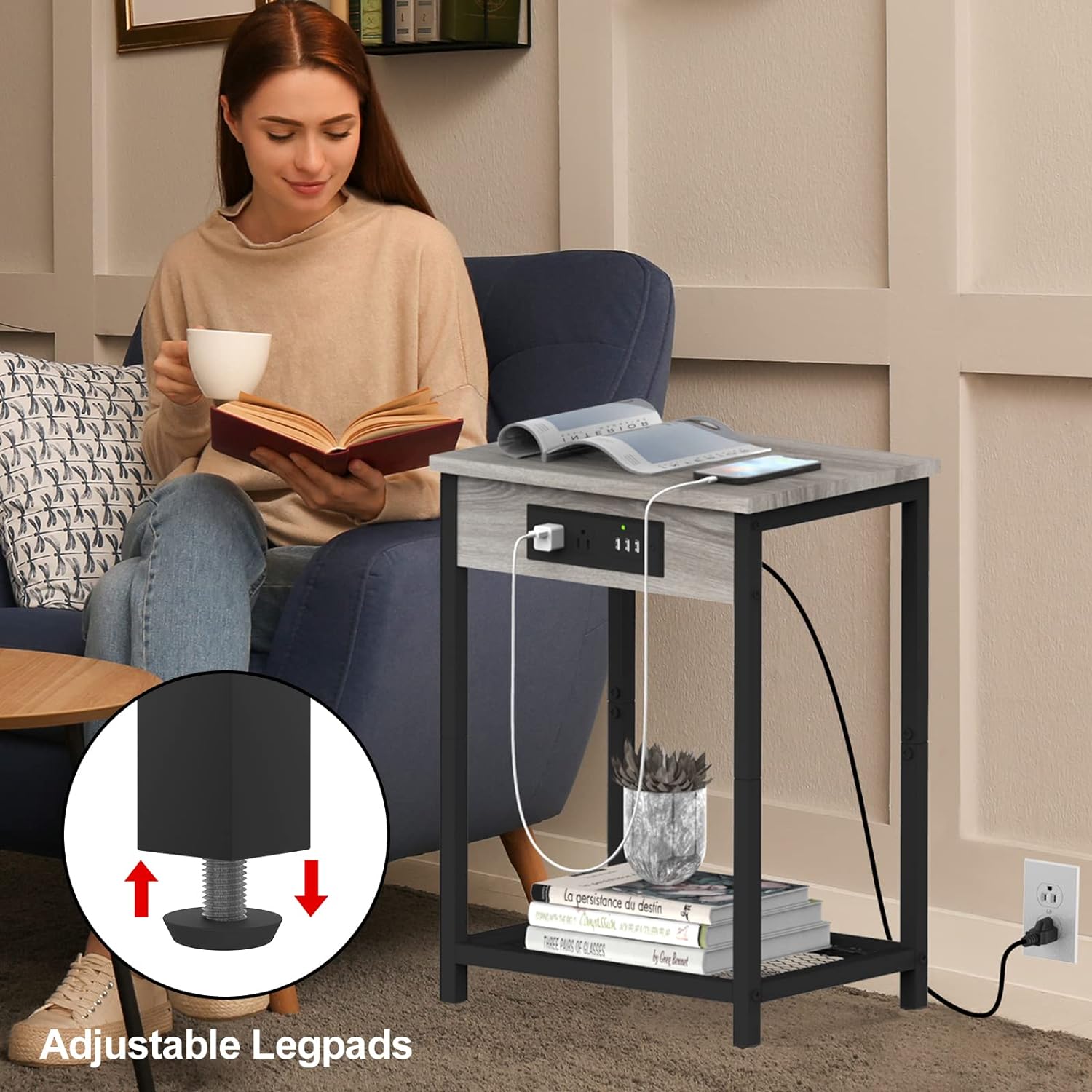 Grey Nightstand with Charging Station Small Bedside Nigh Stand Table with USB Ports, Grey