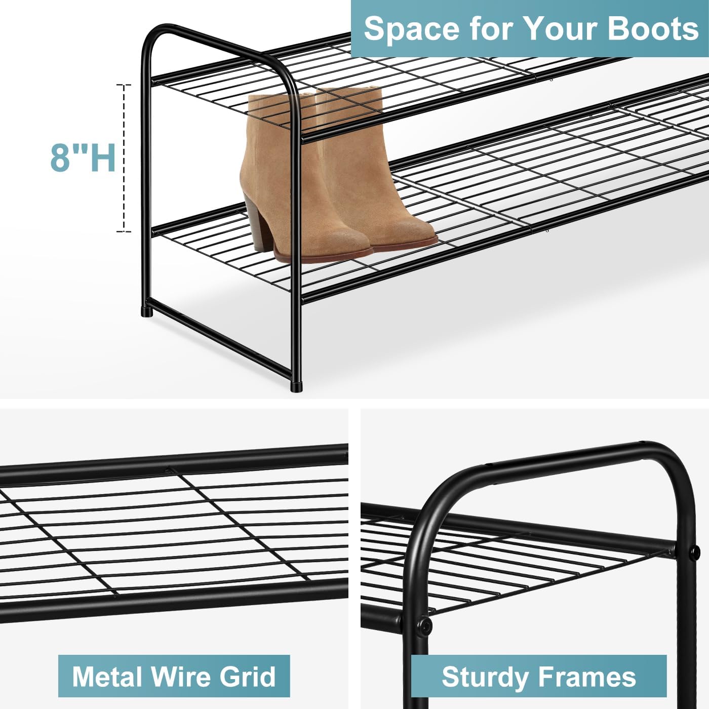 2 Tier Shoe Rack for Closet Metal Wide Stackable Shoe Storage Organizer for Entryway, Black