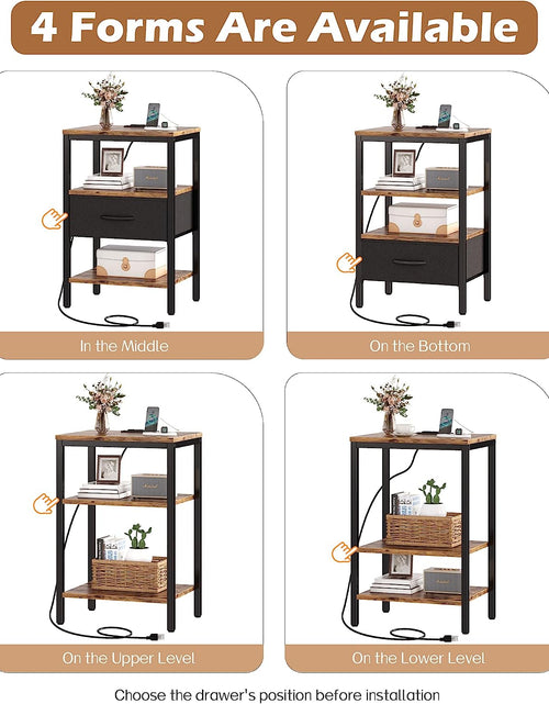 Load image into Gallery viewer, Nightstand with Charging Station, Bed Side Table with Adjustable Fabric Drawer, 3-Tier Storage End Table,
