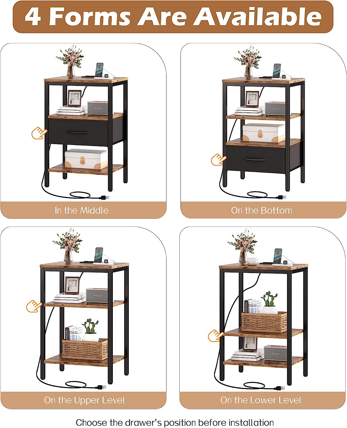 Nightstand with Charging Station, Bed Side Table with Adjustable Fabric Drawer, 3-Tier Storage End Table,