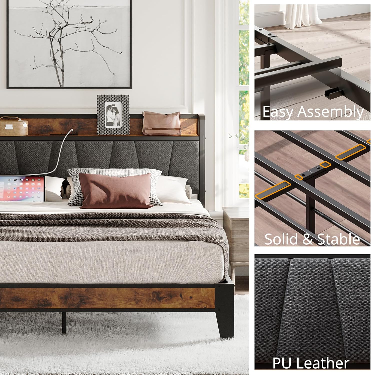 King Size Bed Frame, Storage Headboard with Charging Station, Solid and Stable, Easy Assembly