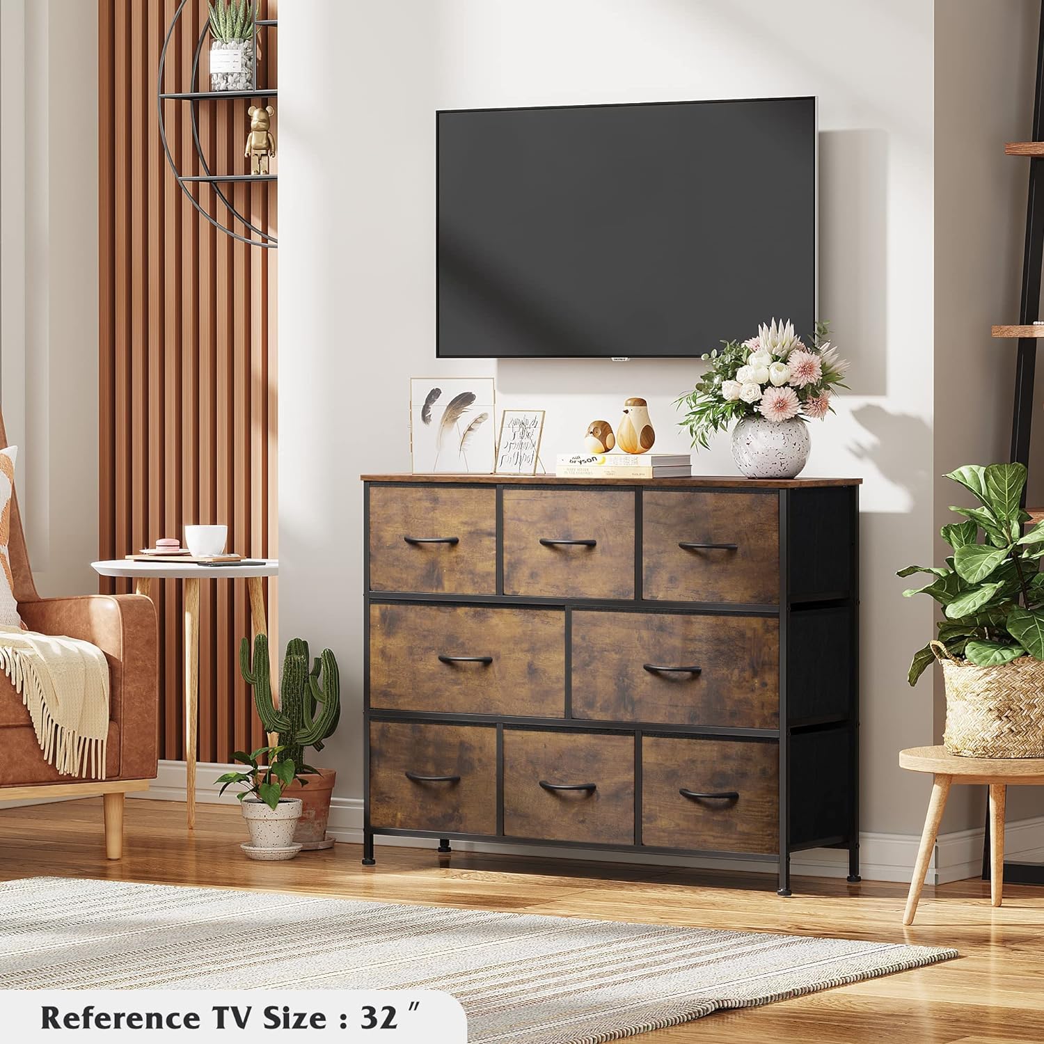 Fabric Dresser for Bedroom - Storage Drawer Unit as TV Stand for 32-43 inch TVs - Wide Dresser with 8 Large Deep Drawers