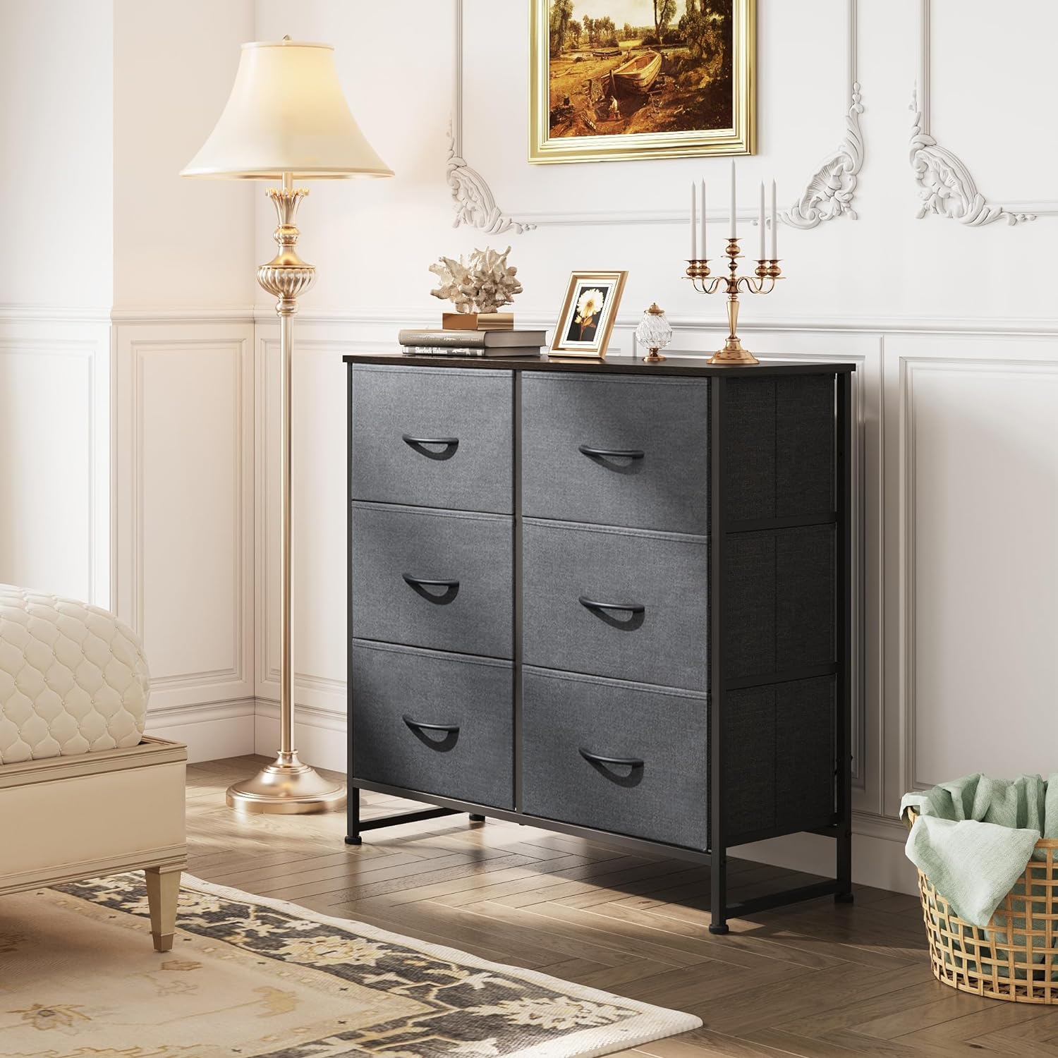 6 Drawer Double Dresser, Storage Tower with Fabric Bins, Dark Grey