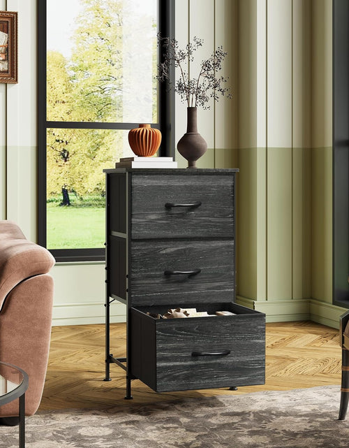 Load image into Gallery viewer, Nightstand with 3 Drawers, Fabric Dresser, Organizer Unit, Charcoal Black Wood Grain Print
