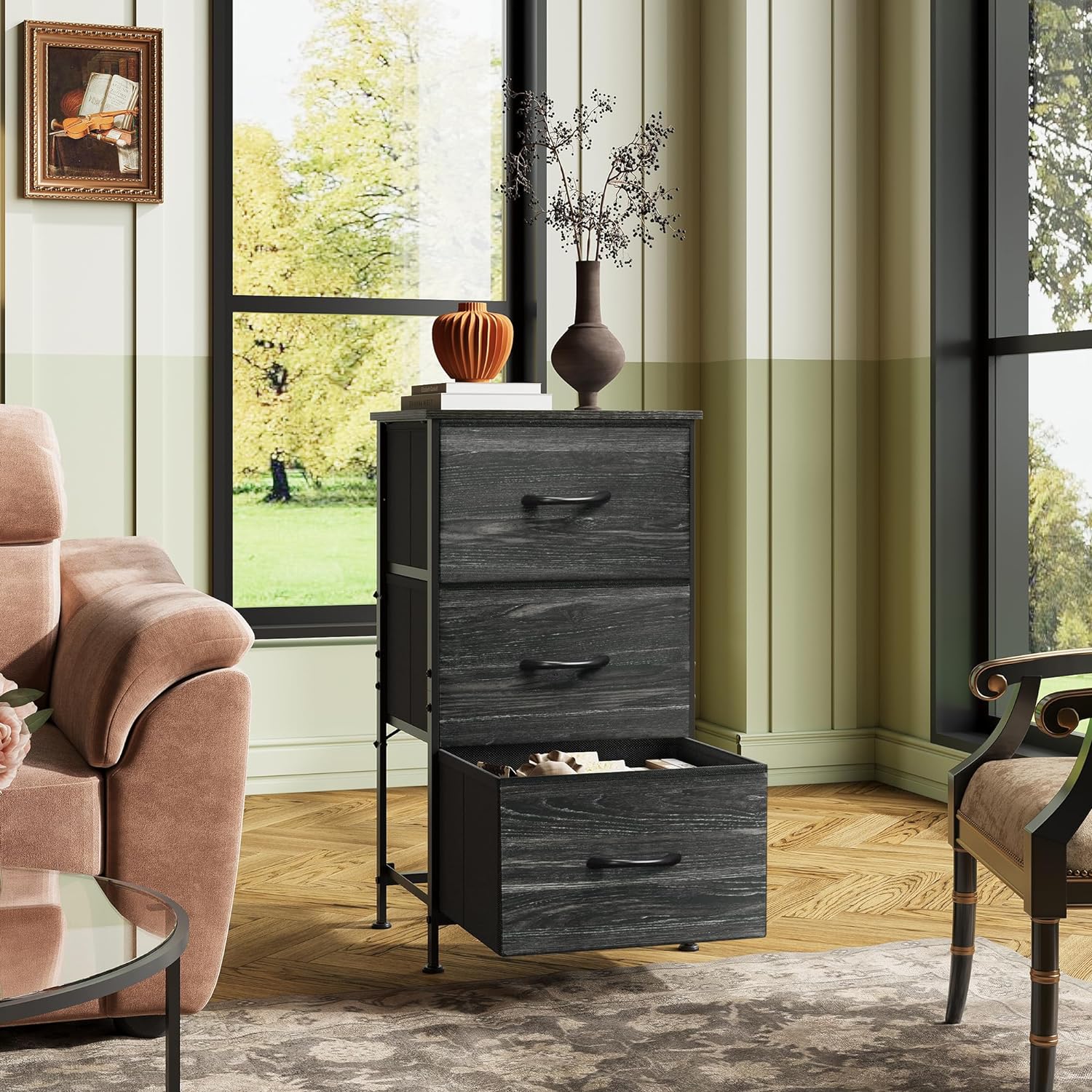 Nightstand with 3 Drawers, Fabric Dresser, Organizer Unit, Charcoal Black Wood Grain Print